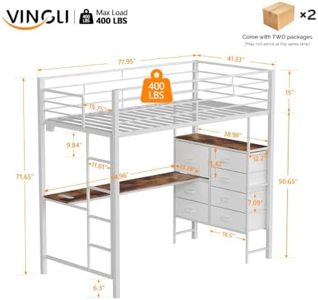 VINGLI Twin Gaming Loft Bed Frame with 7 Drawers and Desk,Metal Single High Sleeper with RGB LED Lights, 2 Built-in Power Outlets, 15” Extra-High Guardrails, Space-Saving Design,White