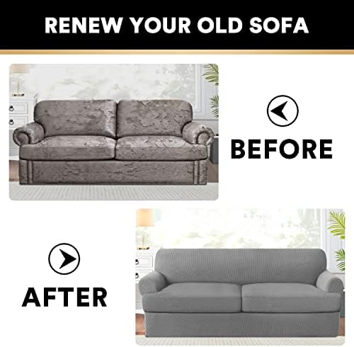 PrinceDeco T Cushion Sofa Slipcover 3 Pieces Sofa Covers for T Cushion Couch Soft Couch Covers Sofa Slip Cover Furniture Covers with 2 Individual T Shape Seat Covers Width Up to 88", Dove