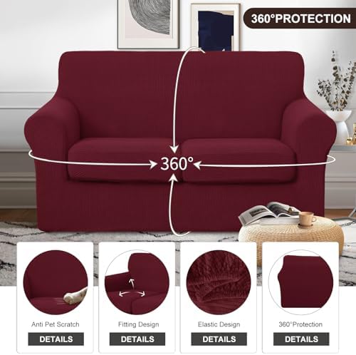 U-NICE HOME 3 Pieces Stretch Loveseat Couch Cover, Burgundy