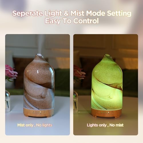 Essential Oil Diffuser Hand Blown Glass Aromatherapy Diffuser - Ultrasonic Cool Mist Scent Aroma Diffuser, Whisper Quiet with Auto Shut-Off, Timer Setting &7 Colors Night Light for Home
