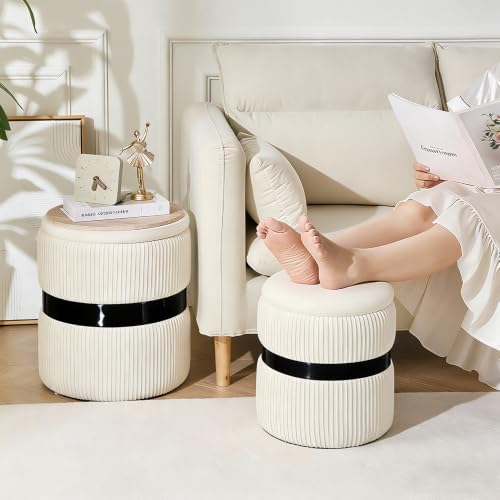 Set of 2 Storage Ottoman, Round Velvet Vanity Stool with Tray, White