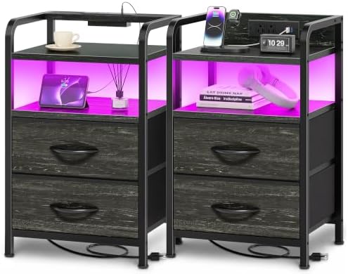 Huuger Nightstands Set of 2, Night Stand with LED Lights, Charging Station