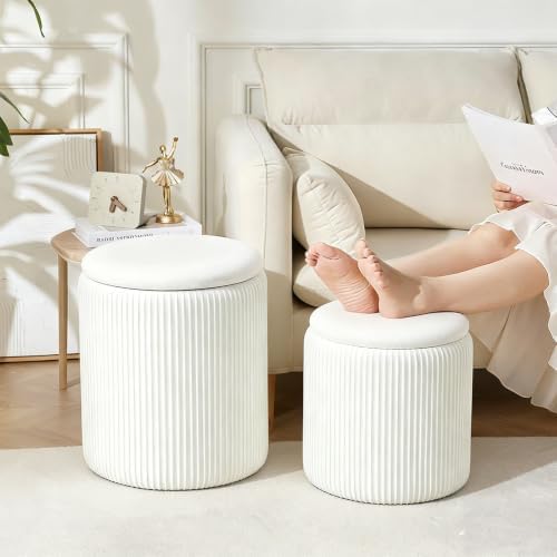 Round Ottoman with Storage Set of 2 White Vanity Stool with Tray
