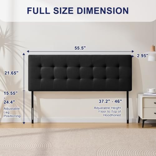 Linen Stitched Tufted Full Headboard, Adjustable Height 37.2-46 in, Black