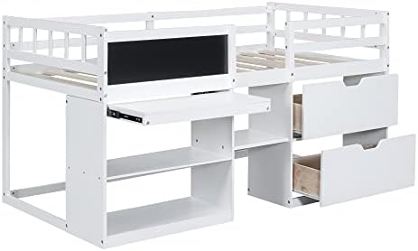 Bellemave Twin Size Low loft Bed for Kids,Wood Loft Beds,Modern Farmhouse Twin loft Bed,Loft Bed with Rolling Desk and Storage, Shelf and Drawers No Box Spring Needed,for Kids, White