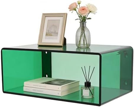 Acrylic Wall-Mounted Nightstand Floating Wall Nightstand Bedside Table Floating Side Table Wall Mounted Clear Shelf for Bedroom Bathroom (Green)