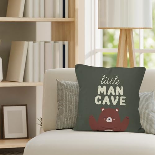 Bear Nursery Decor Throw Pillow Covers 18x18, Little Man Cave Decorative Pillow Covers for Kids Boys Bedroom Room Playroom, Boys Room Decor Accent Pillows Cover Pillowcases