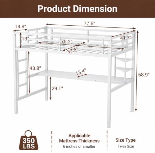 Twin Loft Bed with Desk, USB Charging Station, LED Light，Storage Shelves