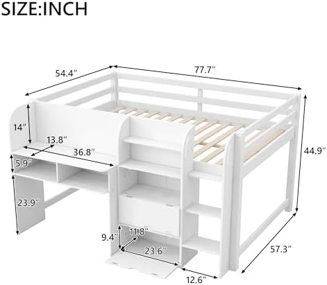 Bellemave Full Size Low loft Bed with Desk, for Kids,Wood Modern Farmhouse Full Loft Bed with Storage Cabinets,Bookcase, No Box Spring Needed, White