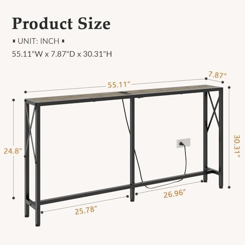 Gewudraw Narrow Console Table with Socket, Sofa Table Behind Couch