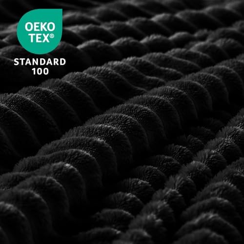 BEDELITE Ribbed Jacquard Black Fleece Throw Blanket for Couch, 50x60 Inch