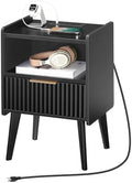 MAHANCRIS Black Nightstand with Charging Station, Modern Fluted End Table