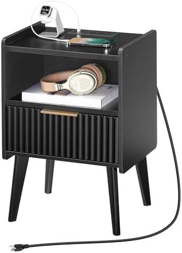 MAHANCRIS Black Nightstand with Charging Station, Modern Fluted End Table