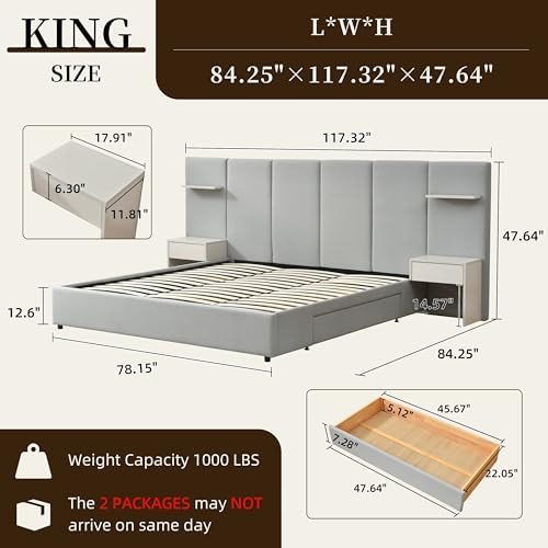 King Size Bed Frame with Storage & Built-in Nightstands & Drawers, Gray
