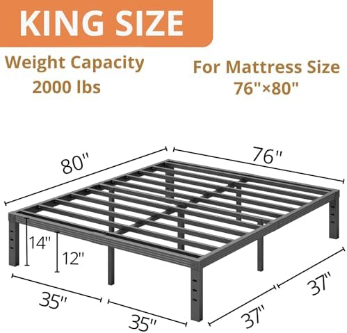 King Bed Frame, 3500lbs Heavy Duty Steel Slat, 14 Inches Platform Bed Frame, Non-Slip Design, No Box Spring Needed, Easy Assembly, Quiet Noise Free, Under Bed Storage Space, Black