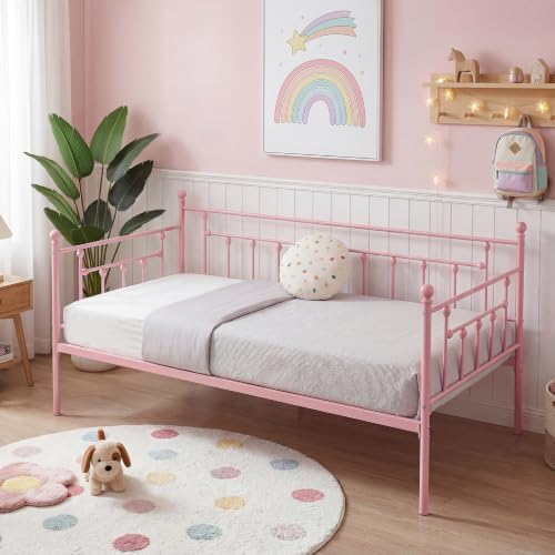 VECELO Twin Size Daybed Frame Metal Steel Slat Support with Headboard Sofa Bed Platform for Living Room, Guest Room, Easy Assembly, Pink