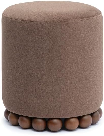 First of a Kind Brown Performance Vegan Mohair Ottoman, Plush Upholstered Accent Stool and Footrest with Foam-Padded Top and Solid Wood Orb Legs