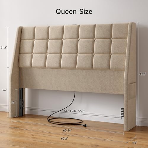 ONBRILL Ergonomic Headboard Queen Size with Charging Station, Beige