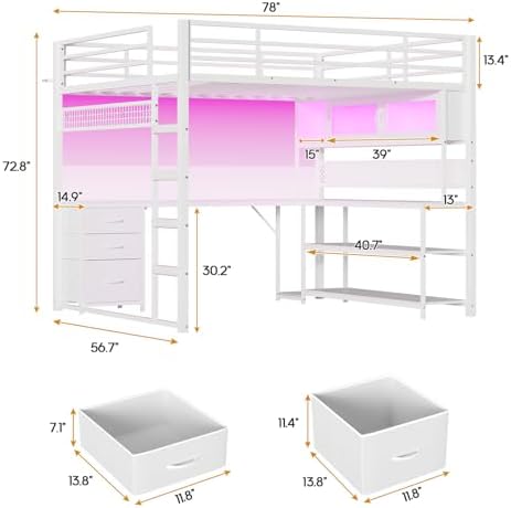 ADORNEVE Loft Bed Full Size with Gaming Desk, Arcylic RGB Hutch, White