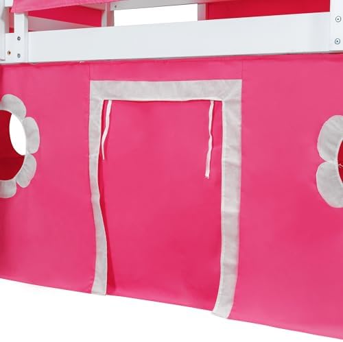 Castle Loft Bed with Slide & Tent and Tower, Playhouse Design Spacious Under Bed Space with Curtains, Wood Tent Bed Frame for Kids Boys Girls (Pink, Twin)
