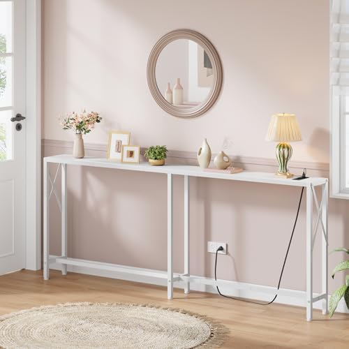 Gewudraw 70" Sofa Table Behind Couch with Socket-Narrow Console Table,White