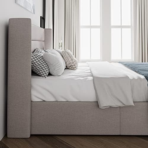 SHA CERLIN Queen Size Lift Up Hydraulic Storage Bed Frame Light Beige
