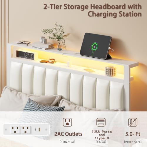 Furnulem White Full Size Bed Frame with PU Upholstered Headboard, 2 Drawers