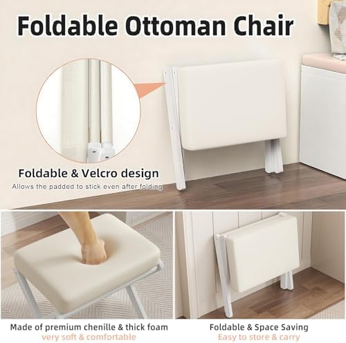 BAMBOOHOMIE Foldable Foot Stool Ottoman, Modern Foot Rest with Bamboo X Legs & Thick Foam Cushion, Folding Foot Stools Small Padded for Bedroom Living Room, Footstool for Chair Couch (White - White)