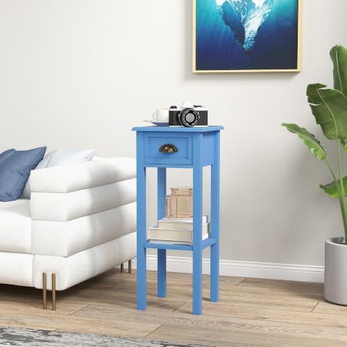 HOMCOM Narrow End Table with Drawer and Bottom Shelf Set of 1 Light Blue