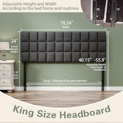 Andeworld Velvet Tufted King Headboard, Adjustable Height, Dark Gray