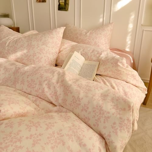 Pink Floral Twin Size Duvet Cover Soft 100% Cotton Double Layer Muslin Comforter Cover Set for Teen Girls Kids,Pink Flower Bedding Set 3 Pieces,Includes 1 Duvet Cover& 2 Pillowcases