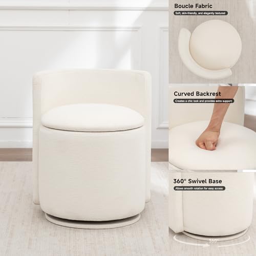 MINCETA Vanity Chair with Storage, 360° Swivel Accent Chair, Off White