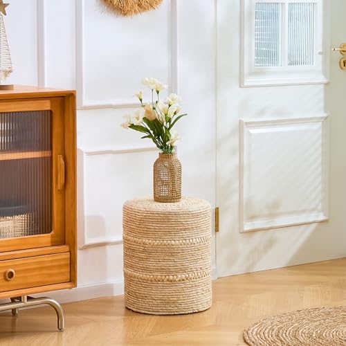 14" Natural Beige Corn Footstool Handwoven Round Pouf Ottomans Accent Seat