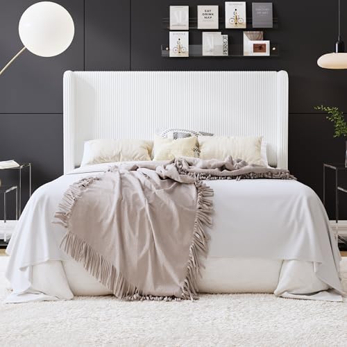 SHA CERLIN Full Corduroy Platform Bed with Tufted Wingback Headboard, White