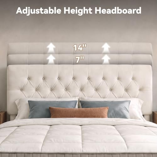 King Size Bed Frame with Headboard, Luxury Velvet Fabric Upholstered Bed frame with Button Tufted Design, Strong Wooden Slats Support - Low & Sturdy, Noise-Free, No Box Spring, Easy Assembly, Cream