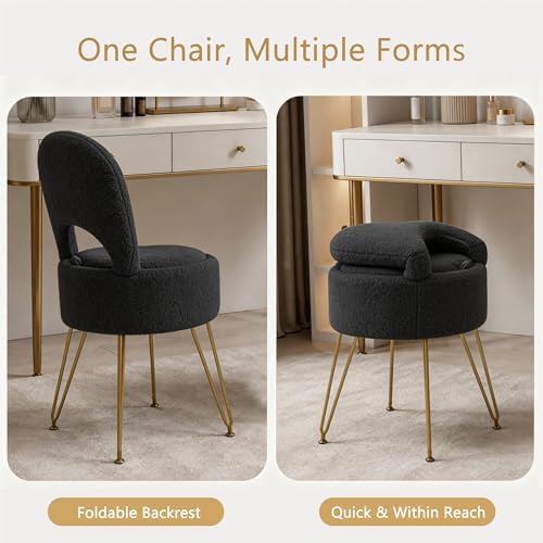 LITZFUR Round Vanity Stool with Storage & Folding Back, Black Makeup Chair