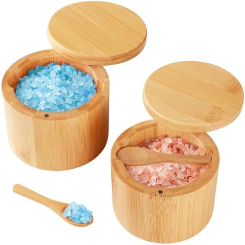 Timtopno Bamboo Salt Cellar, 2 PCS Salt Container with Built-in Spoon, Salt Box Bowl with Magnetic Swivel Lid, Elegant Kitchen Salt Holder Saver Jar to Storage Pepper Spice Sea Salt for Countertop
