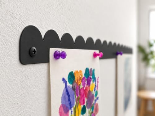 Scalloped Magnetic Art Display for Kids Artwork & Photos (Set of 3) – Kids Artwork Display for Wall – Magnetic Photo Display Strips with Push-Pin Magnets (Black, 23in (3 Pack))