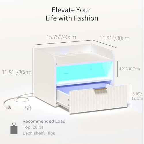 Veegle White Floating Nightstand with Charging Station and LED Lights (White)