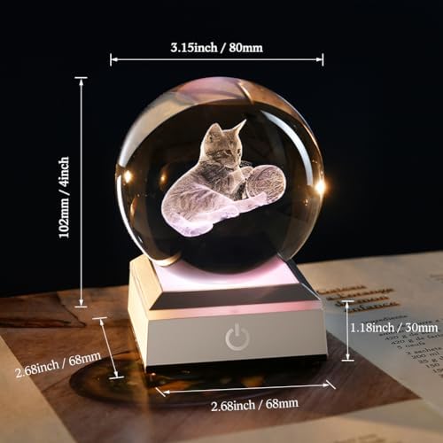 80mm Cat Lover Gifts for Women 3D Night Light Cat Crystal Ball