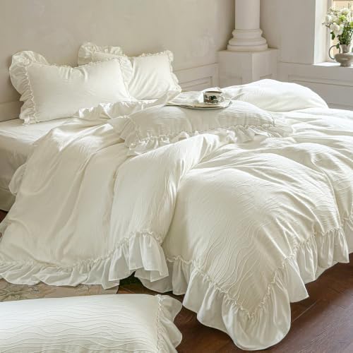 AOJIM French Chic Ruffled Duvet Cover Full Size Beige Wavy Jacquard Bedding Set 3 Pieces, Microfiber Zipper Comforter Cover and 2 Pillowcases Aesthetic Cottagecore Bedding Duvet Cover for All Seasons