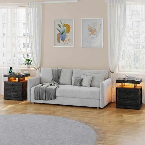 HNEBC Night Stand Set 2 with Gun Drawers, LED Farmhouse Nightstand with Charging Station, Smart End Table with 3 Colors Auto Lights, Bedside tabel with Hidden Compartment,Bedroom Set-Brown