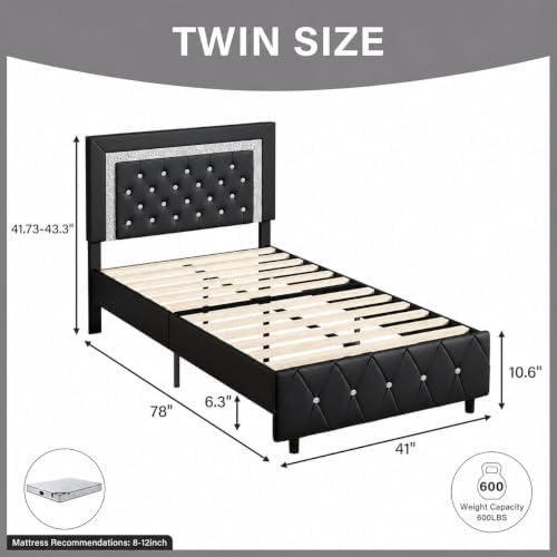Twin Bed Frame with Headboard, Upholstered Bed with Diamond Tufted Design