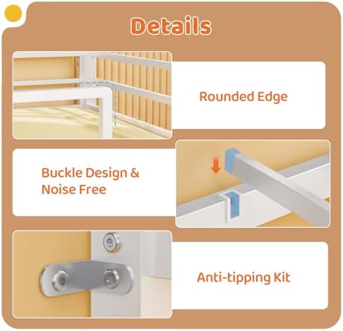 JOYMOR Low Loft Bed Twin Size with 3 Storage Drawers, 2 Tier Storage Shelves, 2 Tier Bookcase and LED Lights, Metal Kids Loft Bed with Safety Guardrail, Spave Saving Design (White)