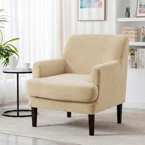 Mid-Century Accent Chair Covers with Cushion Cover Velvet 2 Pieces Upholstered Armchair Slipcovers for Living Room Comfy Sofa Reading Furniture Protector for Apartment Bedroom Office (Beige)