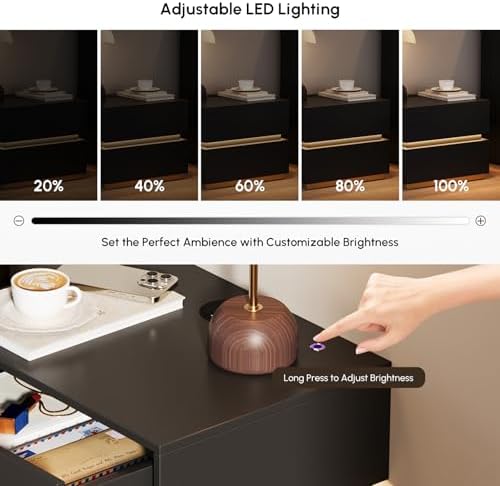 homary Smart Nightstand Set of 2 with Wireless Charging Station, USB & Type-C Ports, LED Light – Modern Black Bedside Table for Bedroom Storage (Black, 2 Drawers)