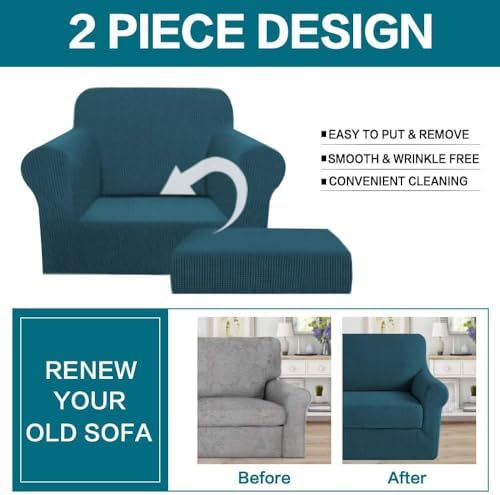 Turquoize 2 Piece Chair Covers Chair Slipcovers for Living Room Small Armchair Chair Cover with Arms Washable Furniture Cover for Chairs Feature Thick Jacquard Fabric (Small Armchair, Deep Teal)