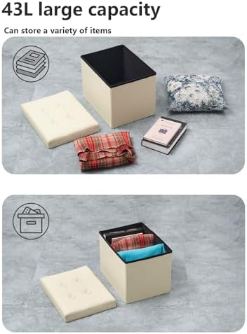 Bsketa Storage Ottoman Bench,17 Inch Folding Leather Foot Rest Stool,Beige