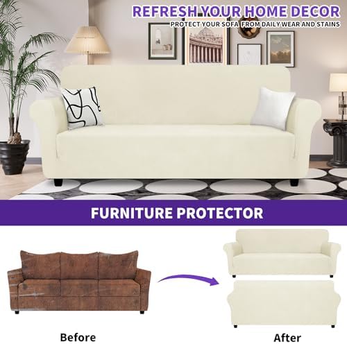 ZNSAYOTX Oversized Super Stretch Couch Cover (92"-115"), New Striped Sofa Covers Comfortable & Durable, Dog Cat Pets Friendly Extra Large Spandex Sofa Slipcovers (Beige, XL Sofa)