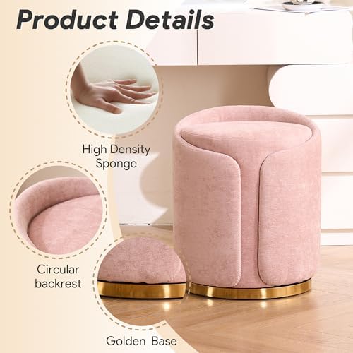 Swivel Vanity Stool with Back Comfy Vanity Chair with Gold Base Modern Round Stool for Makeup Vanity Ottoman Foot Rest for Bedroom livingroom (Pink)